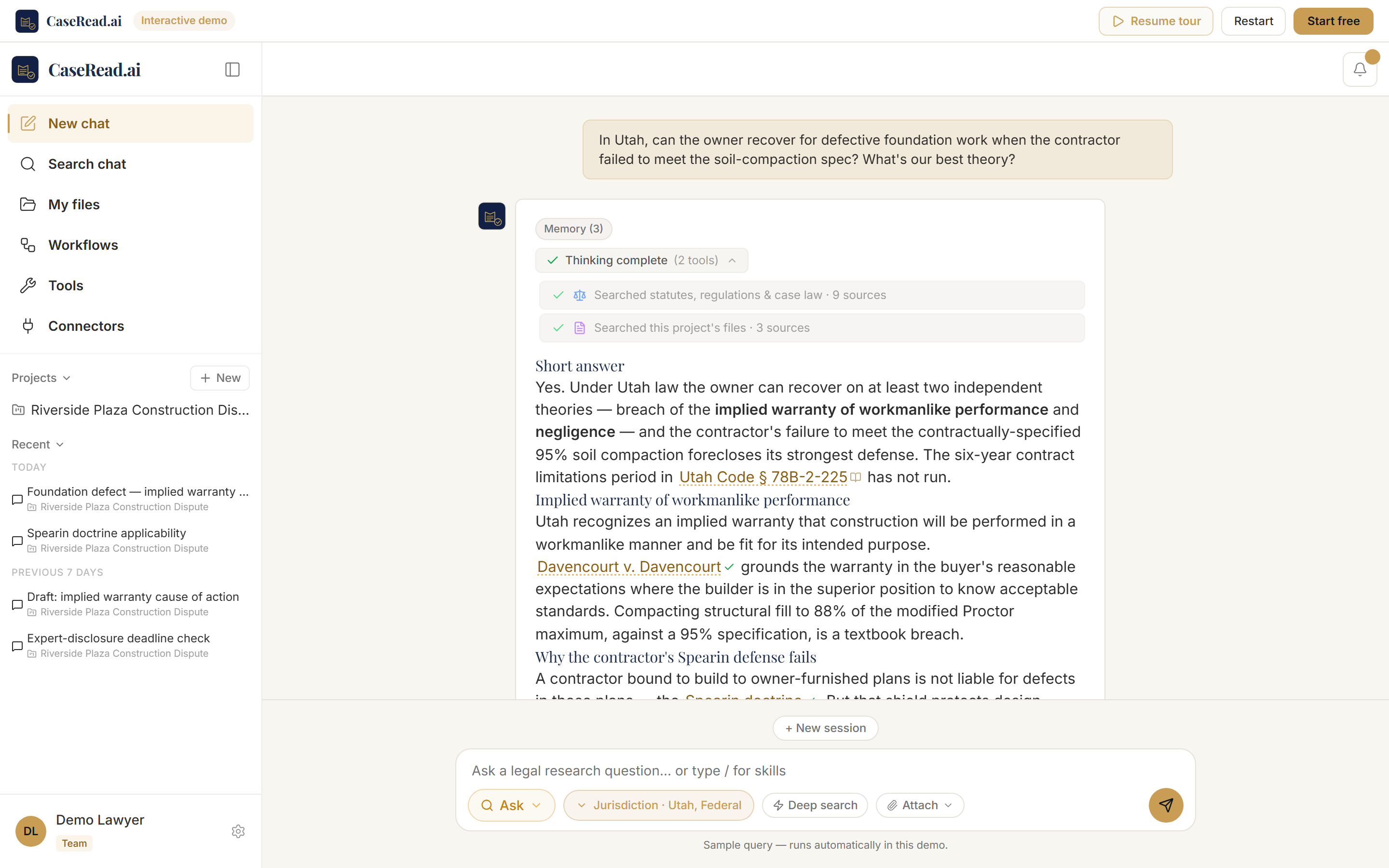 The CaseRead workspace: chat-first legal research with cited answers on the Riverside Plaza example case